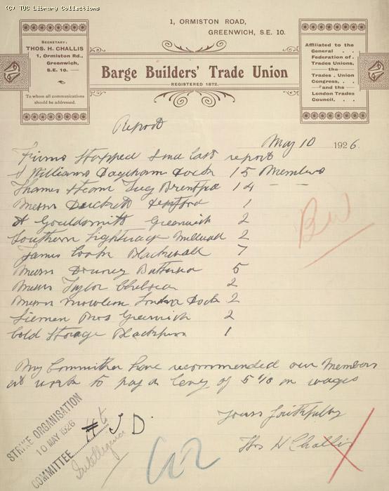 Letter - Barge Builders Trade Union, 10 May 1926