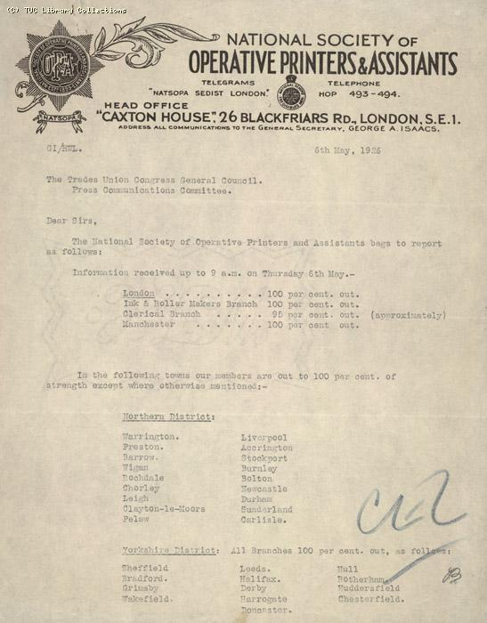 Letter - Nat. Soc operative printers & assistants, 6 May 1926