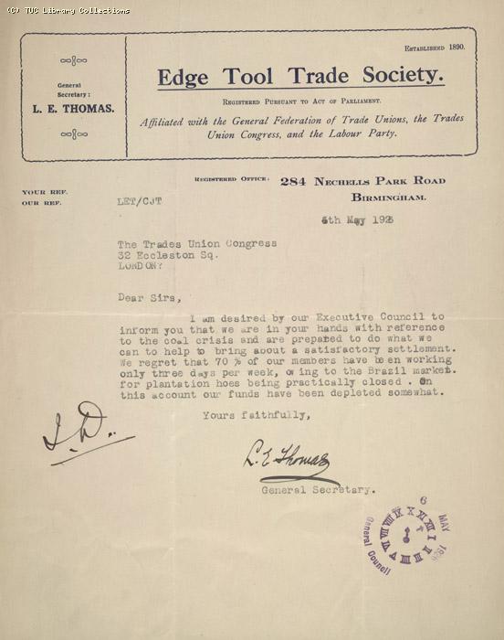 Letter - Edge tool trade, 5 May 1926