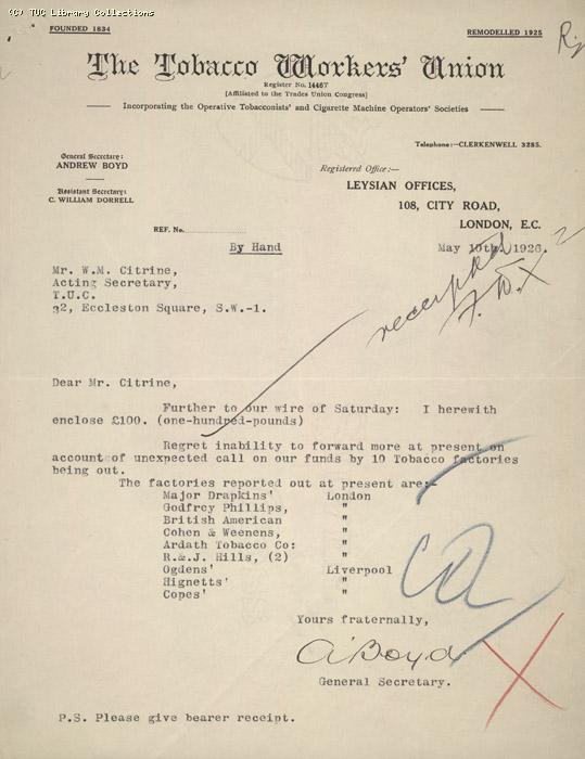 Letter - The tobacco workers union,  19 May 1926