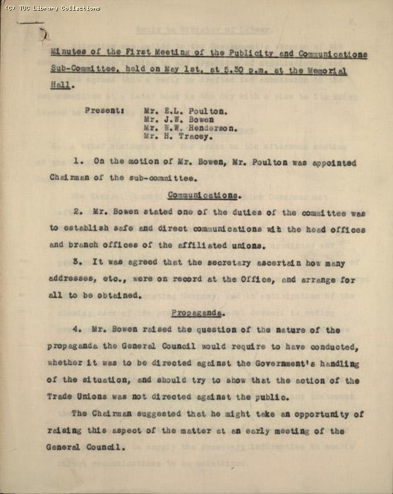 Minutes - 1st Meeting of the  Publicity & Communications Ctte  1 May 1926