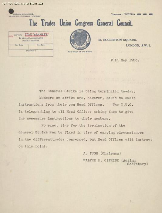 Letter - Pugh, Strike Termination, 12 May 1926