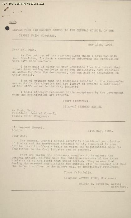 Letter - from Pugh to all Secretaries, 12 May 1926