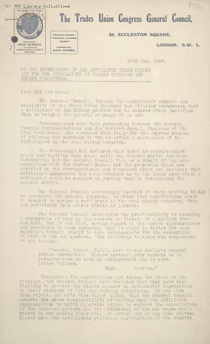 Letter - from Pugh to all Secretaries, 12 May 1926