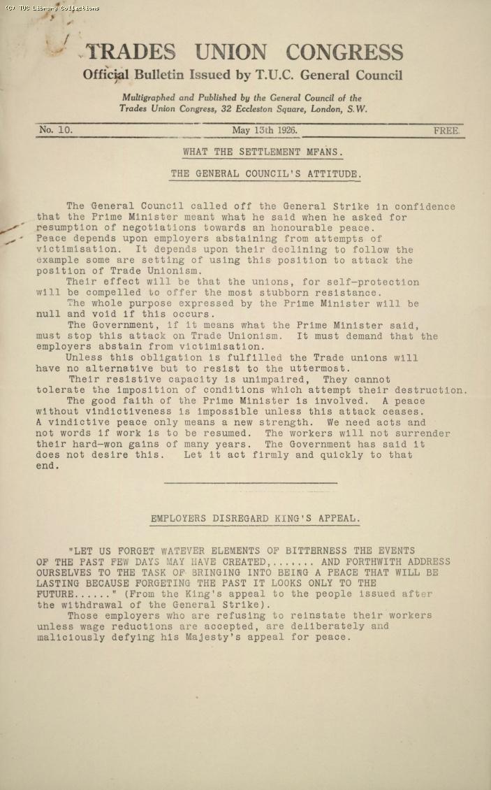 TUC Official Bulletin, 10, 13 May 1926
