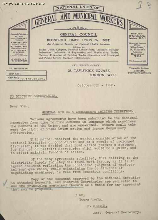 Letter - NUGMW, 8 October 1926