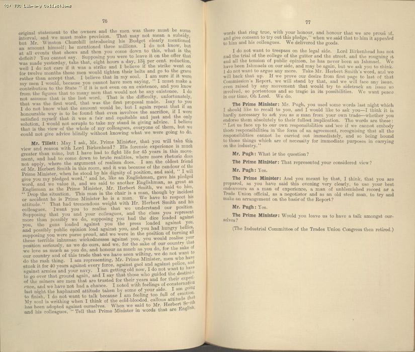 Mining Crisis and National Strike,1925/26 - Report of a meeting between the Prime Minister the Mining Assoc and Miners Federation, 23 April 1926