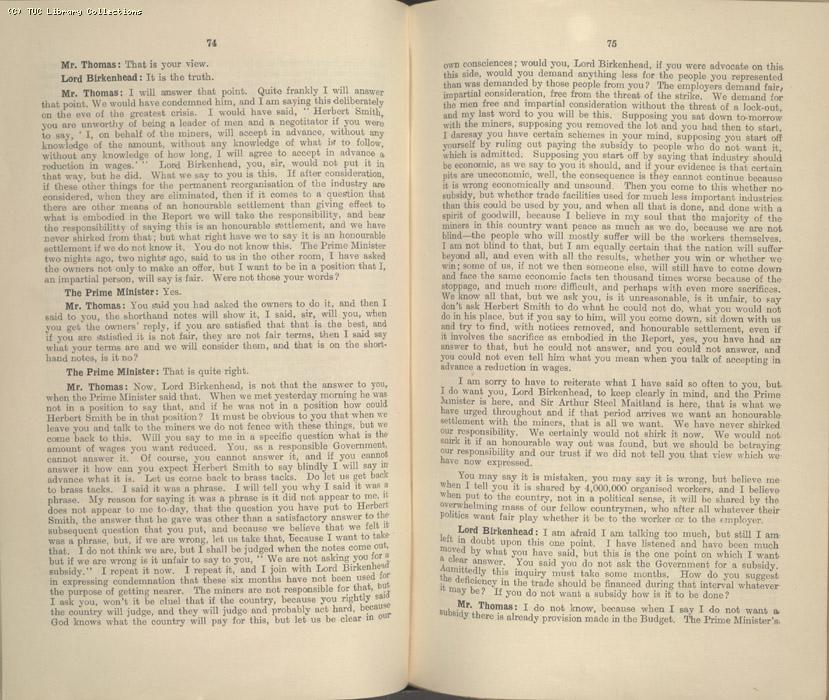 Mining Crisis and National Strike,1925/26 - Report of a meeting between the Prime Minister the Mining Assoc and Miners Federation, 23 April 1926
