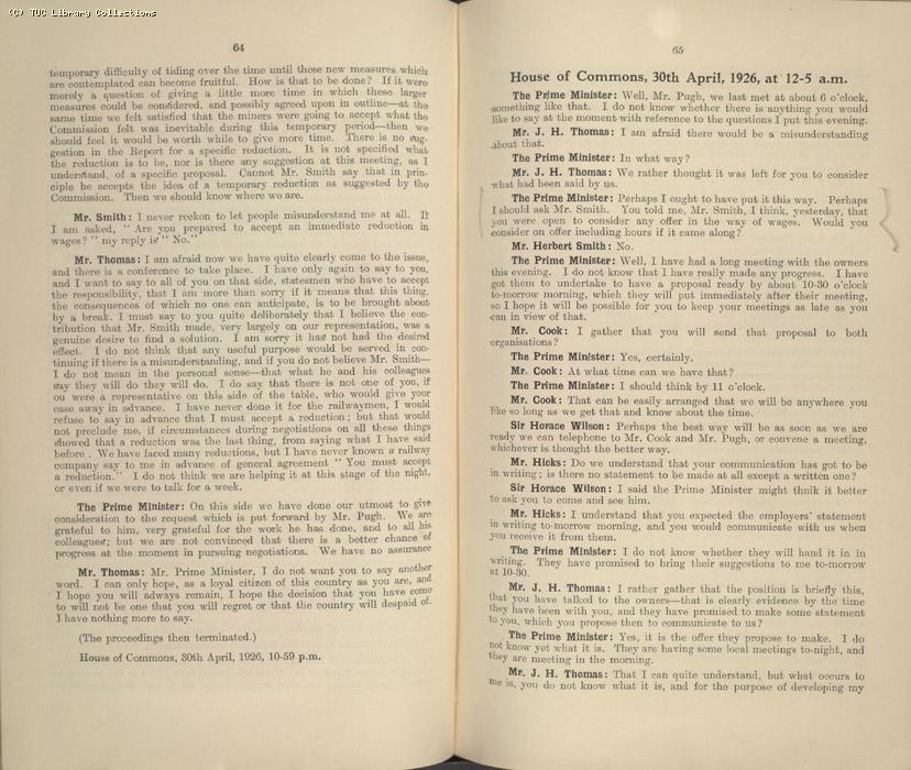 Mining Crisis and National Strike,1925/26 - Report of a meeting between the Prime Minister the Mining Assoc and Miners Federation, 23 April 1926