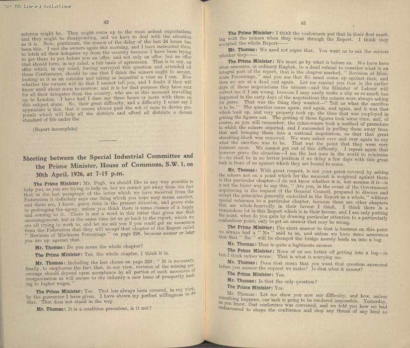 Mining Crisis and National Strike,1925/26 - Report of a meeting between the Prime Minister the Mining Assoc and Miners Federation, 23 April 1926