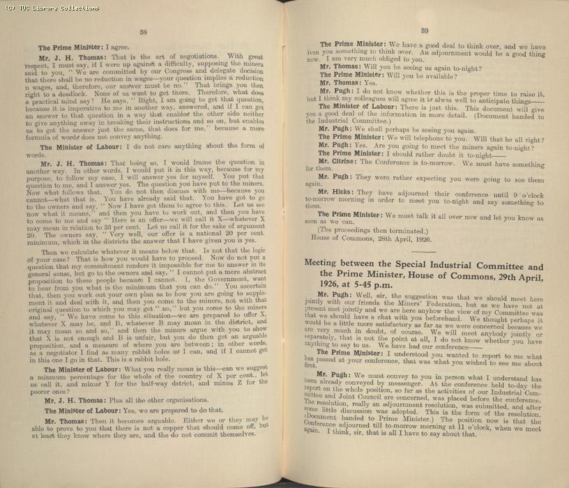 Mining Crisis and National Strike,1925/26 - Report of a meeting between the Prime Minister the Mining Assoc and Miners Federation, 23 April 1926