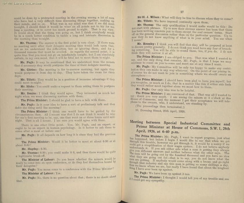 Mining Crisis and National Strike,1925/26 - Report of a meeting between the Prime Minister the Mining Assoc and Miners Federation, 23 April 1926