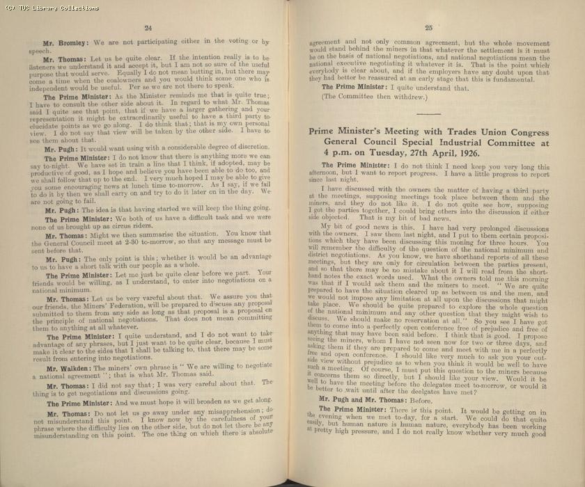 Mining Crisis and National Strike,1925/26 - Report of a meeting between the Prime Minister the Mining Assoc and Miners Federation, 23 April 1926