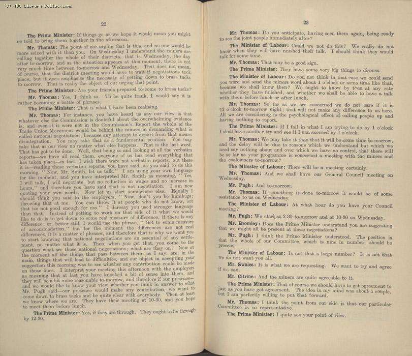 Mining Crisis and National Strike,1925/26 - Report of a meeting between the Prime Minister the Mining Assoc and Miners Federation, 23 April 1926