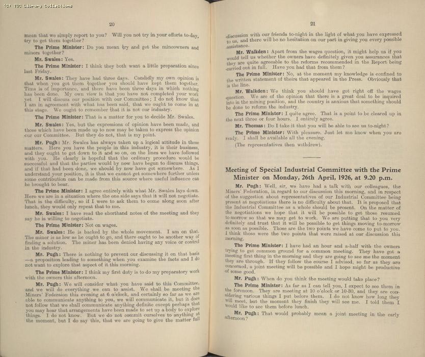 Mining Crisis and National Strike,1925/26 - Report of a meeting between the Prime Minister the Mining Assoc and Miners Federation, 23 April 1926
