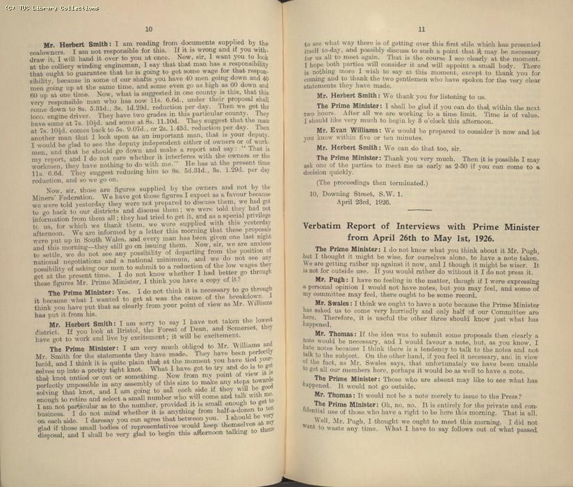 Mining Crisis and National Strike,1925/26 - Report of a meeting between the Prime Minister the Mining Assoc and Miners Federation, 23 April 1926