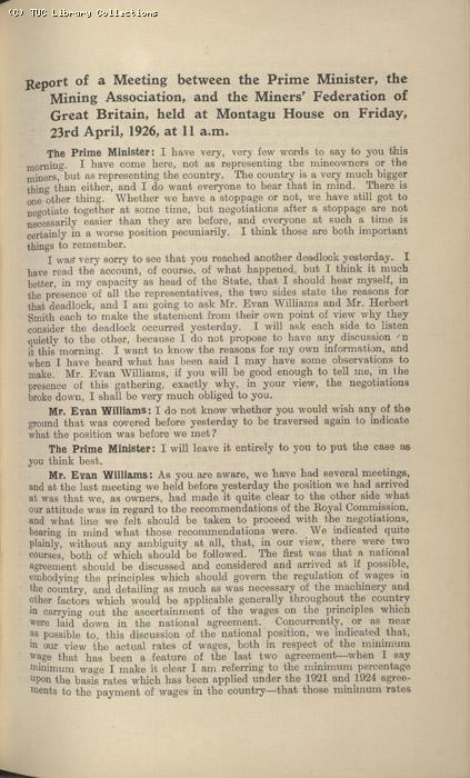 Mining Crisis and National Strike,1925/26 - Report of a meeting between the Prime Minister the Mining Assoc and Miners Federation, 23 April 1926