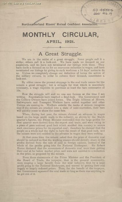 Leaflet - Northumberland Miners Mutual Confident Association, April 1921
