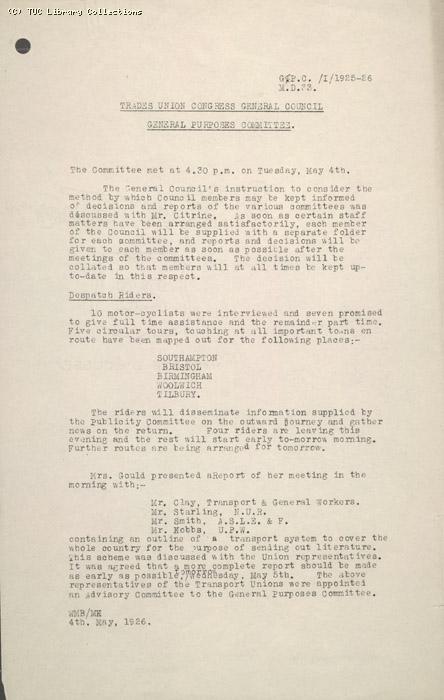 Report - General Purposes Committee, 4 May 1926