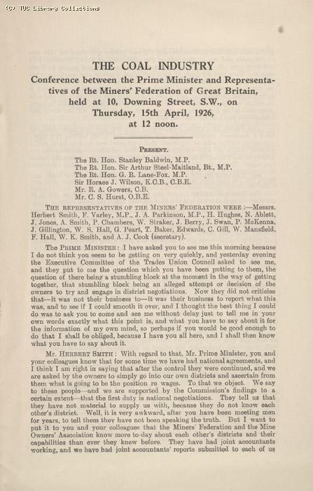 Miners Federation of Great Britain & Prime Minister Conference 15 April 1926