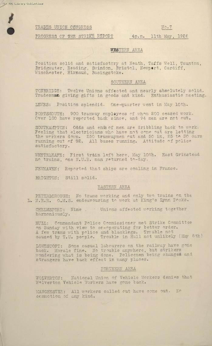 TUC Progress of Strike Report No.7, 11 May 1926 (4pm)