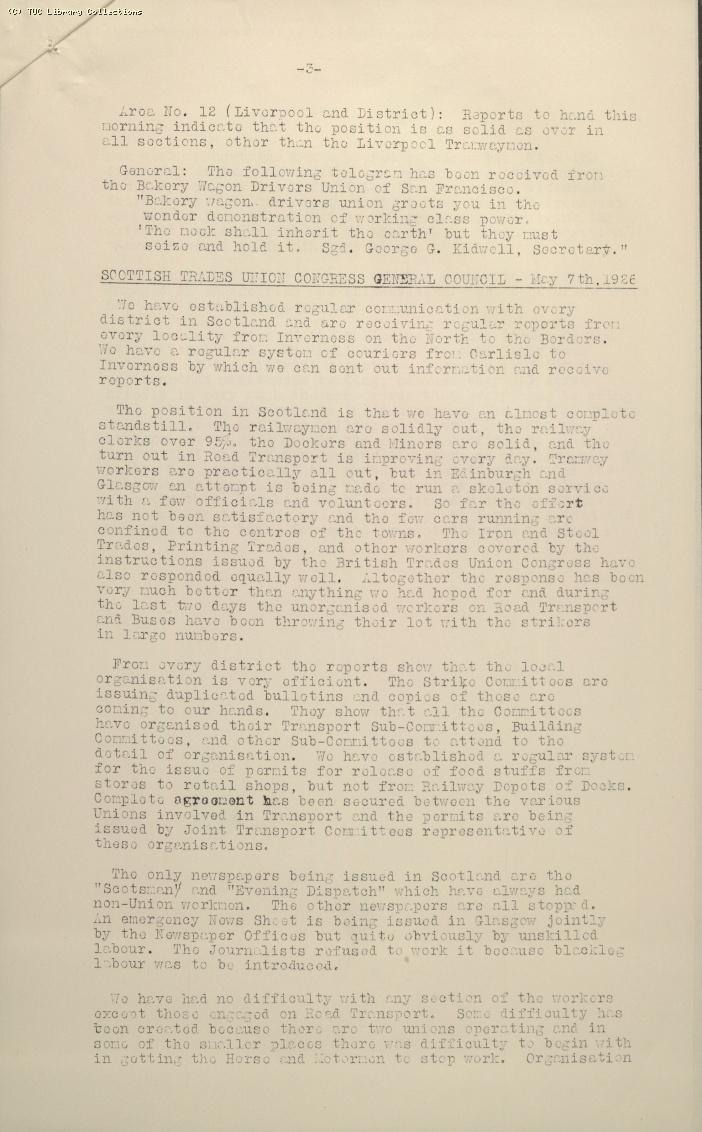 TUC Progress of Strike Report No.6, 10 May 1926 (7pm)