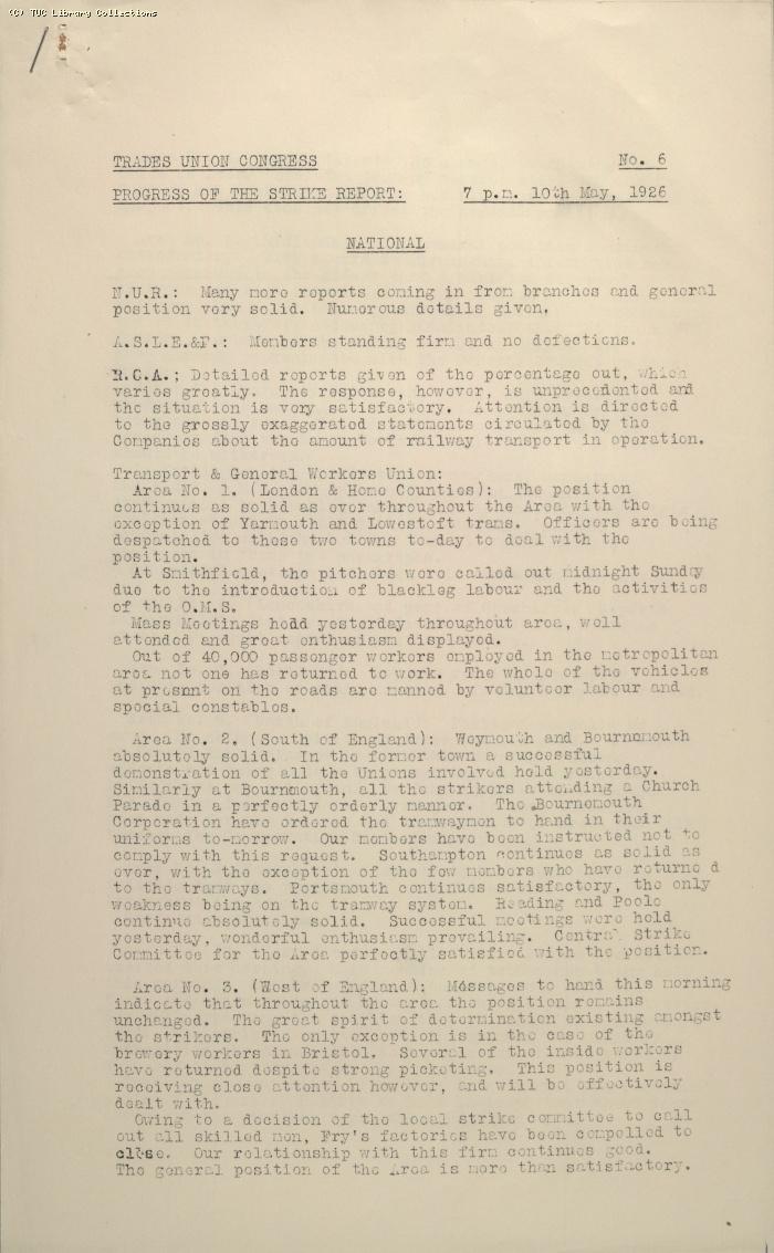 TUC Progress of Strike Report No.6, 10 May 1926 (7pm)