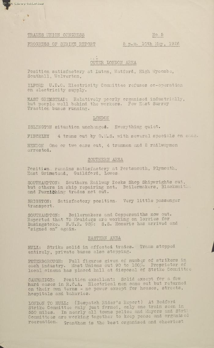 TUC Progress of Strike Report No.5, 10 May 1926 (5pm)