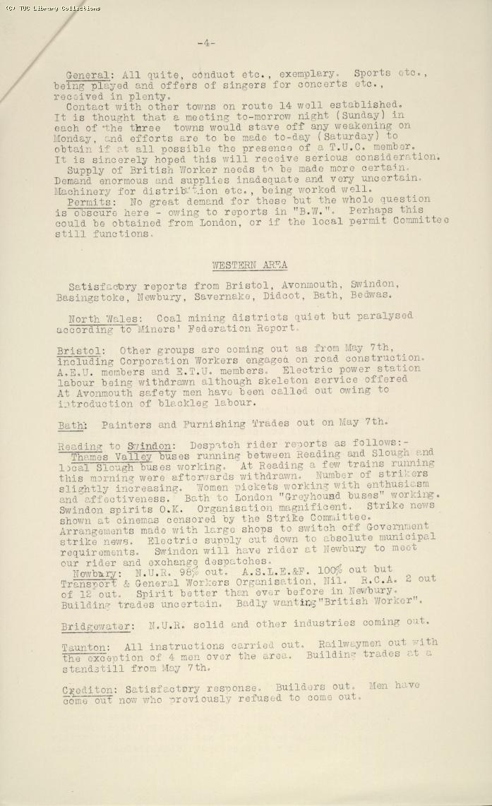 TUC Progress of Strike Report No.4, 9 May 1926