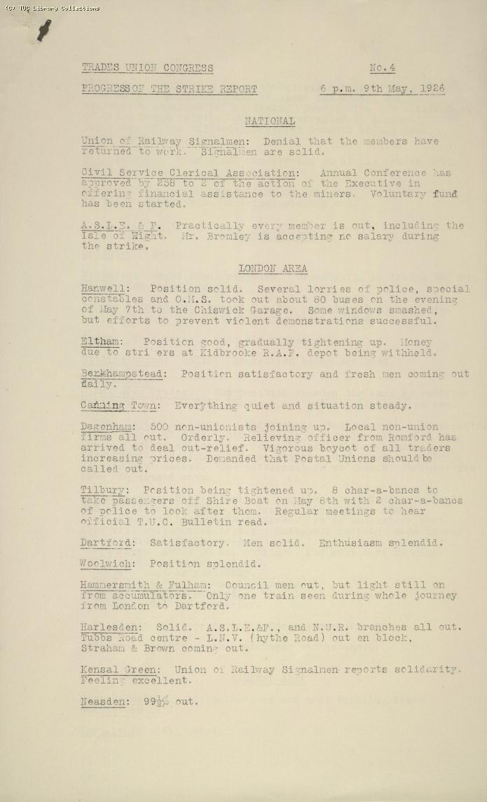 TUC Progress of Strike Report No.4, 9 May 1926