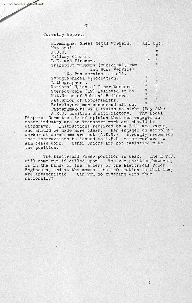 TUC Progress of Strike Report No.1, 6 May 1926