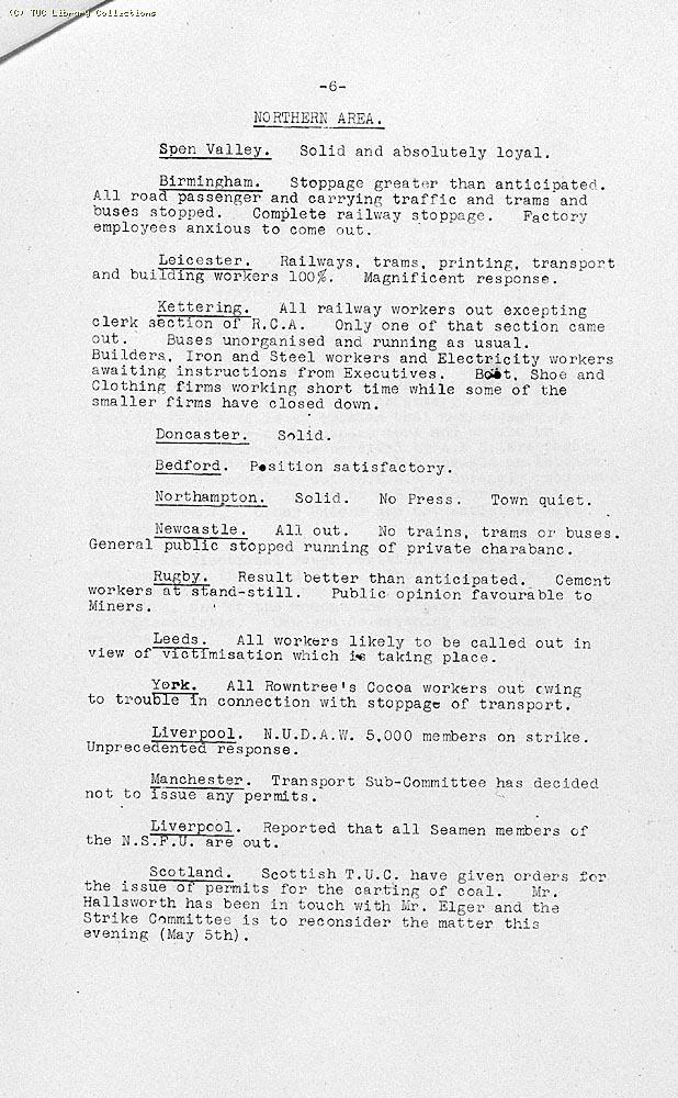 TUC Progress of Strike Report No.1, 6 May 1926