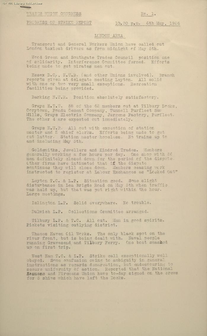 TUC Progress of Strike Report No.1, 6 May 1926