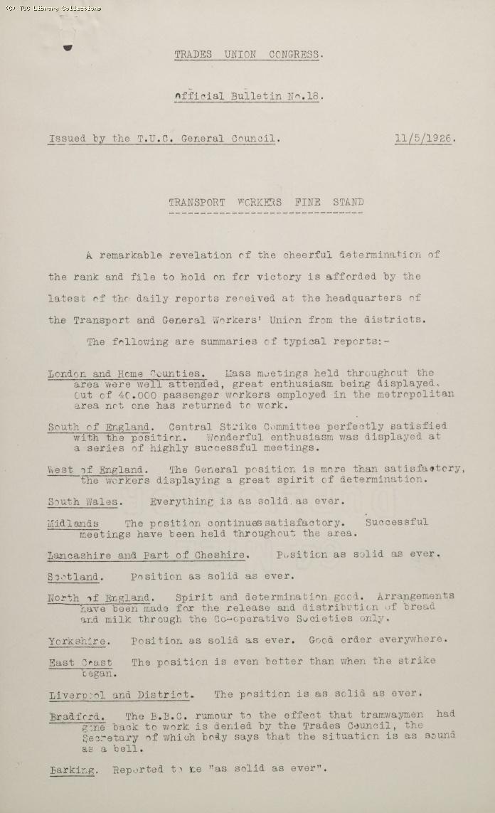 TUC Official Bulletin No.8, 11 May 1926 (2) (Has No.18 on cover by mistake )