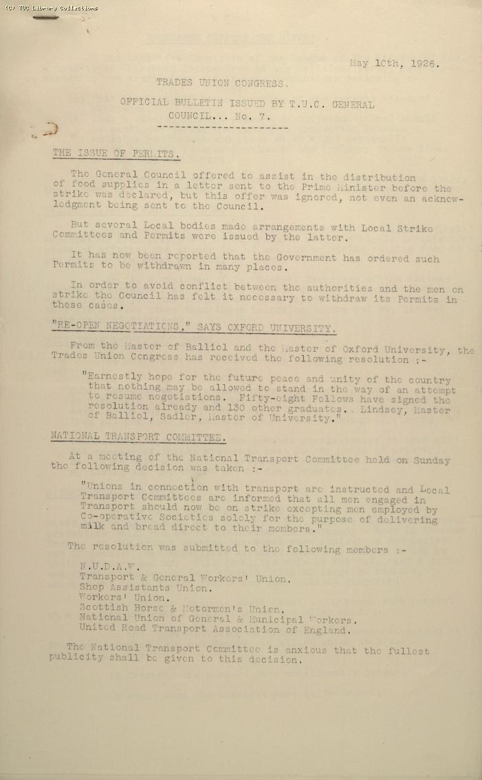 TUC Official Bulletin No.7, 10 May 1926