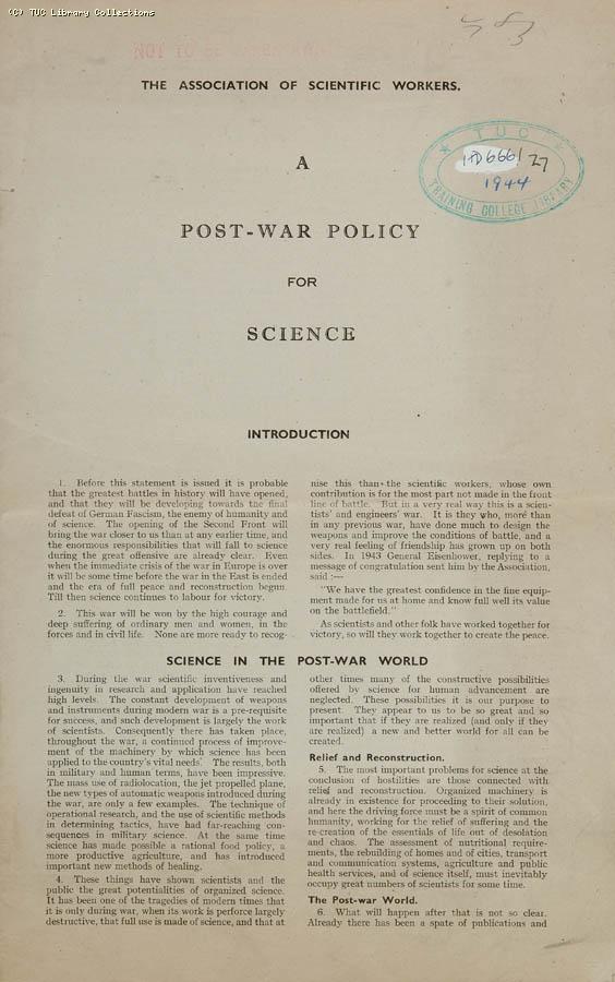 Post-war policy for science, 1944