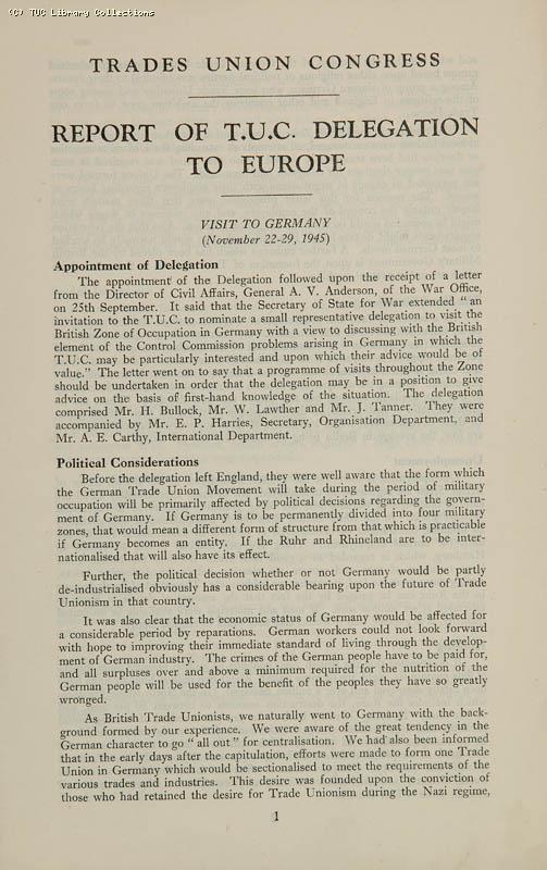 Trade Unionism in Central Europe - TUC Survey, 1946