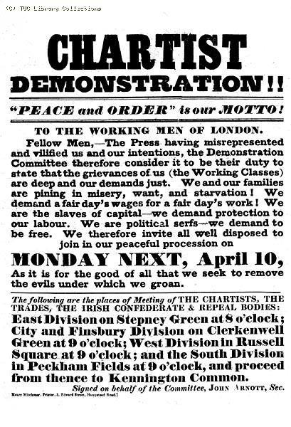 Poster advertising the Chartists' Demonstration organised by the National Charter Association at Kennington Common, London on 10 April, 1848.