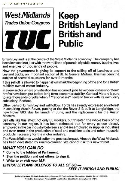 British Leyland privatisation - TUC leaflet 1985